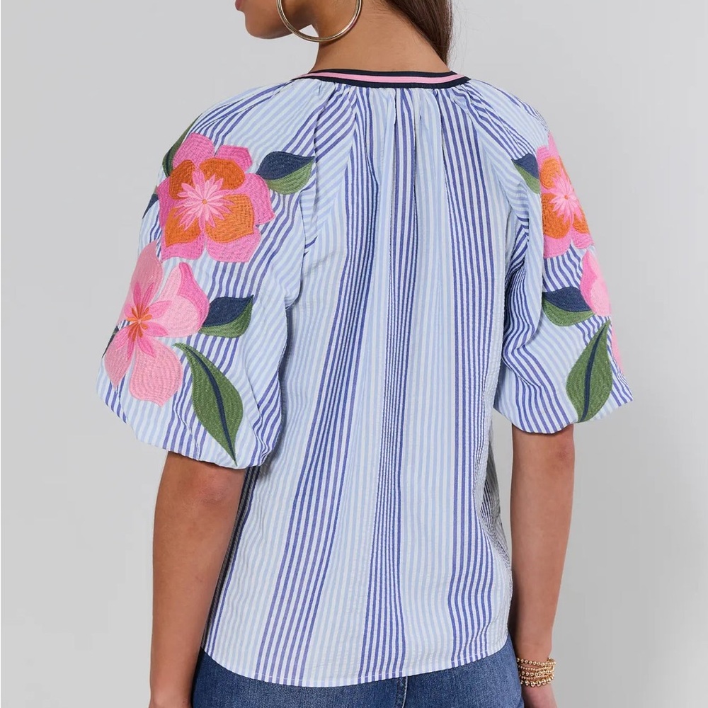 THML Coleen Top in Blue & White Stripe,Puff Sleeves With Floral Accents - Picture 5 of 9